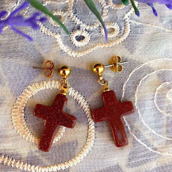 Lovely Genuine Goldstone Cross Earrings - Picture 3 of 5